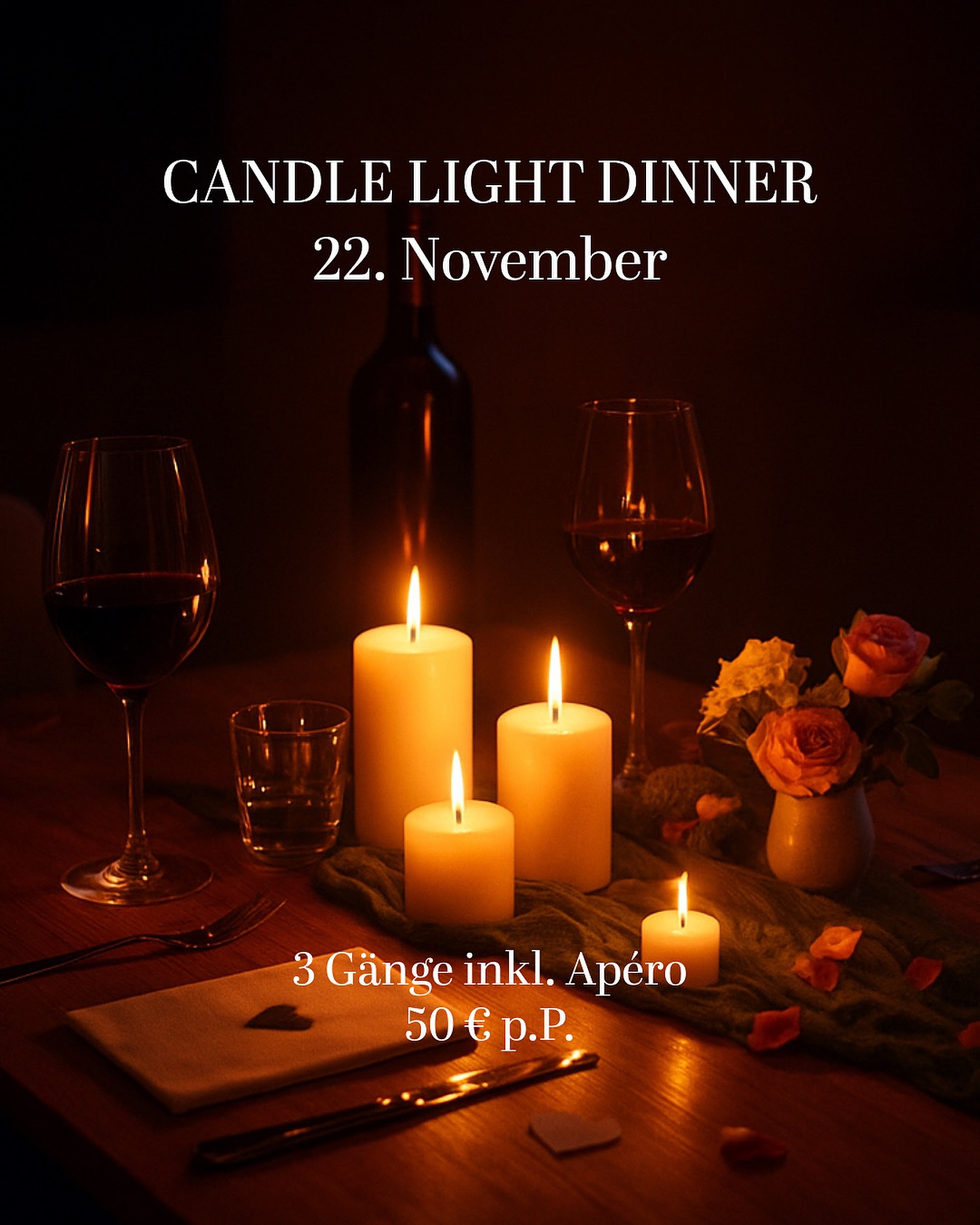 ✨🕯️
Candle Light Dinner im Gasthaus Faust 🕯️✨

Genießt am 22.11. ein romantisches 3-Gänge-Menü inkl. Apéro für 50 € p. P.

Lasst euch von Kerzenschein und feinem Essen verzaubern – jetzt über unsere Website reservieren! 💛

#knittlingen #enzkreis #faustgeburtshaus #faustgeburtshaus #welovefaust #gasthausfaust #dasfaust #gasthaus #appartements #dasfaustknittlingen #faustappartements #food #catering #foodlover