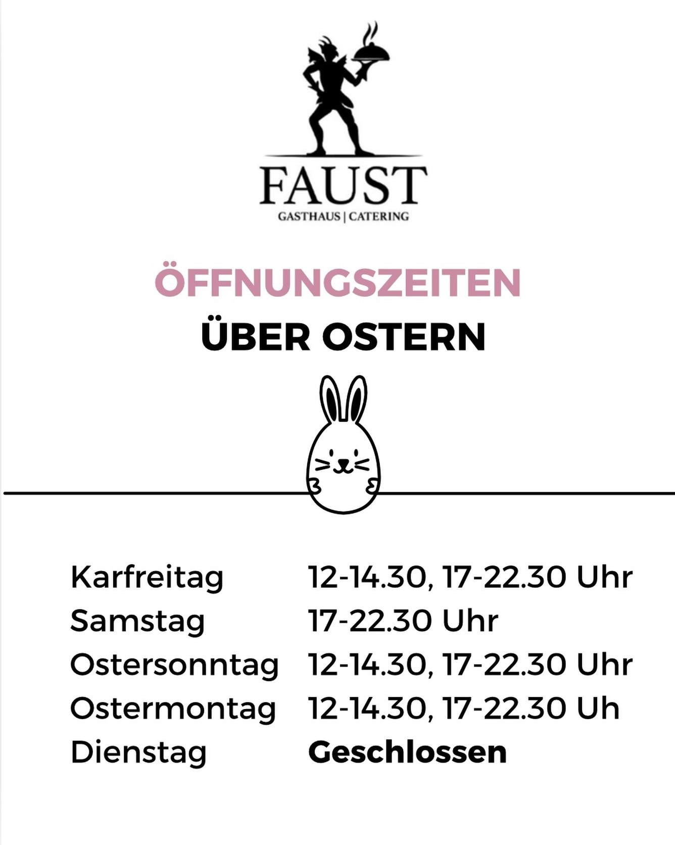 Unsere Öffnungszeiten über Ostern 🐣

Zusätzlich zu unserer Speisekarte bieten wir über die Feiertage zusätzlich Fisch, Spargel und Lamm an 😍 Als Nachspeise erwartet euch ein leckeres Frühlingsdessert mit Rhabarber.

Am Ostersonntag und Ostermontag sind wir bereits so gut wie ausgebucht. Wir freuen uns auf euch! 🌷🐰

#knittlingen #enzkreis #faustgeburtshaus #welovefaust #gasthausfaust